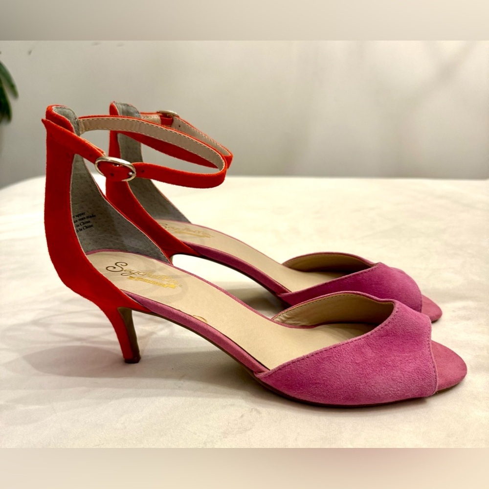 New! Seychelles Hazel Fuchsia and Red Suede Leather Ankle Strap Heels, sz 8 - Picture 4 of 14